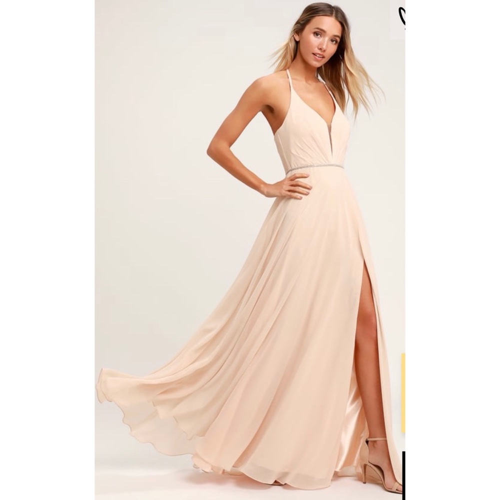 Lulus She’s Gorgeous Nude Lace-Up Rhinestone Maxi